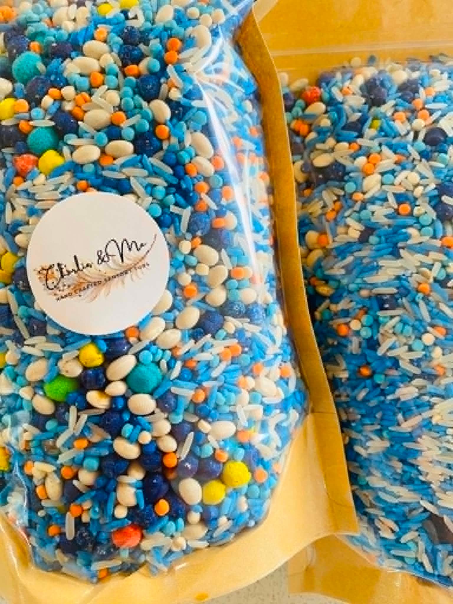 Ocean sensory filler bags of blue plant-dyed rice and chickpeas